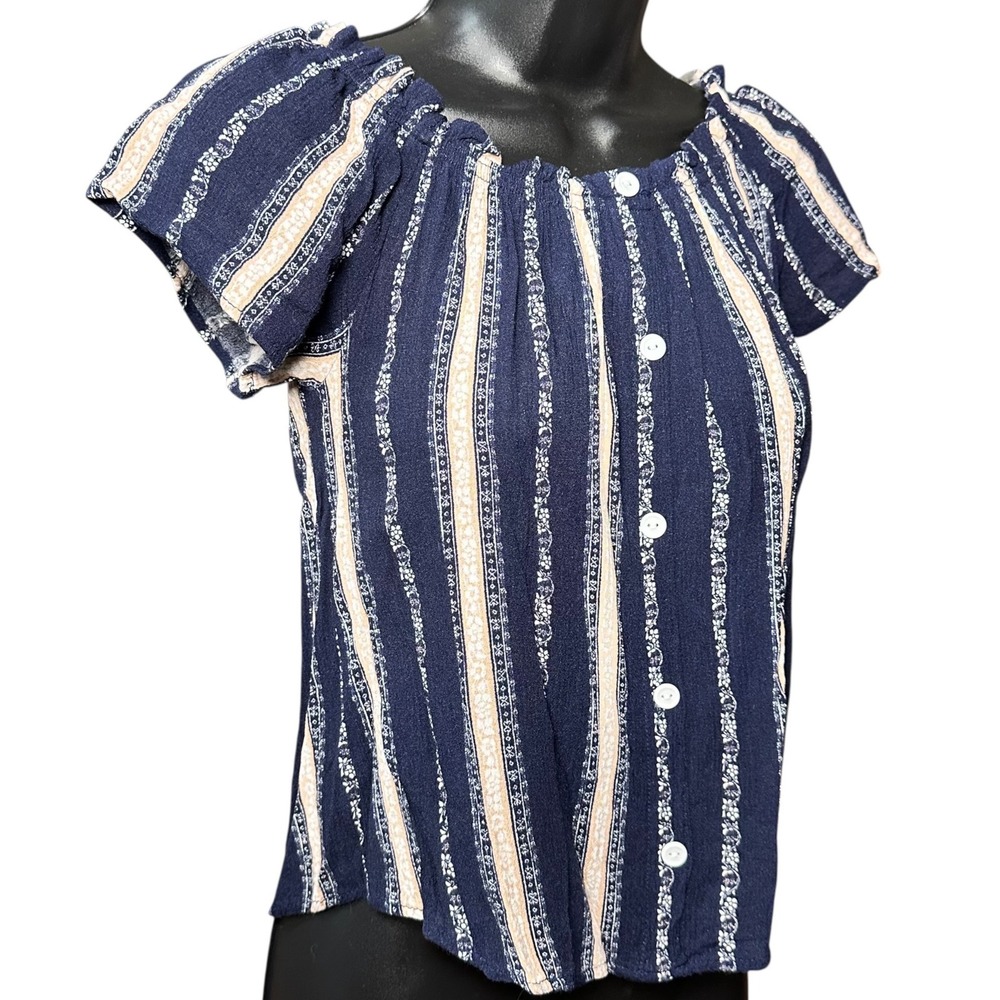 Daily Special Top Womens Small Navy Floral Stripe Gauze Flutter Sleeve Blouse